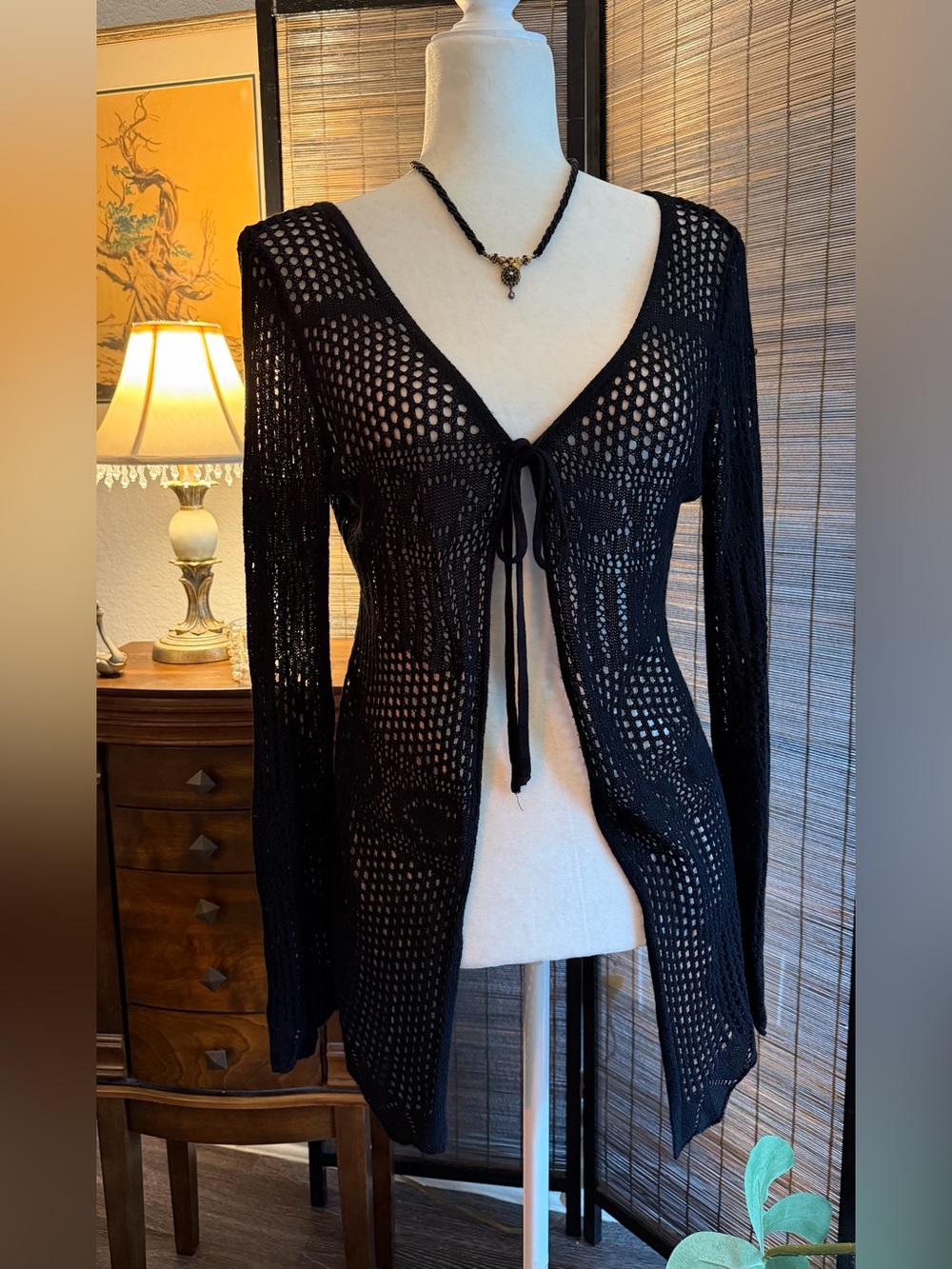 Black Crochet Open Knit Tie Front Long Sleeve Cardigan Top